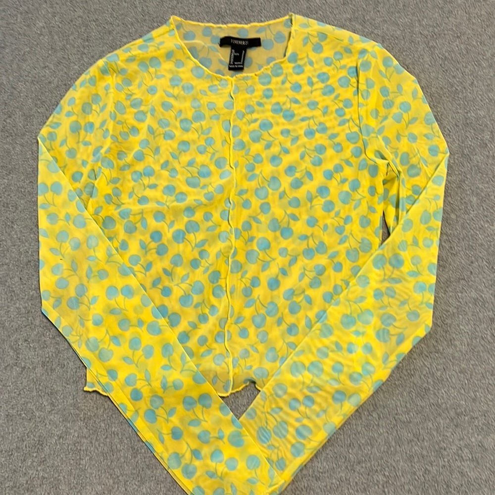 FOREVER 21 Women’s Mesh Yellow and Blue Long Sleeve Top